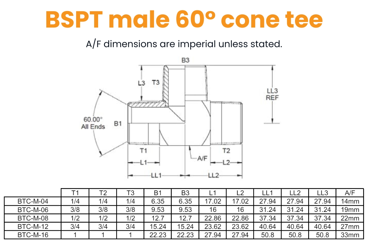 1/4 BSPT M/M/M Tee (Coned) Hydraulic Adaptor